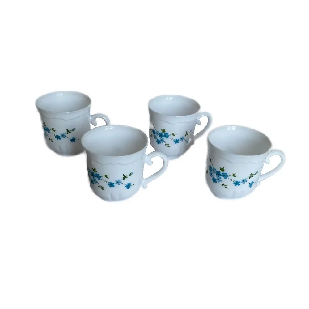 Set Of 4 Arcopal France Veronica Blue Floral Pattern Tea Coffee Cups 3 1/8